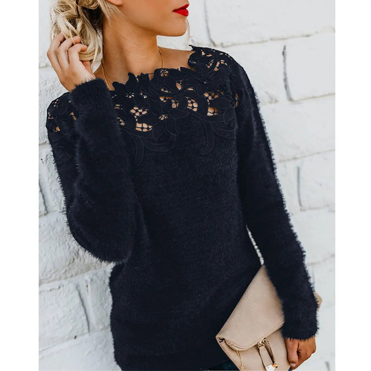 Womens Jumper Fluffy Lace Floral Neckline Long Sleeve Knit Top