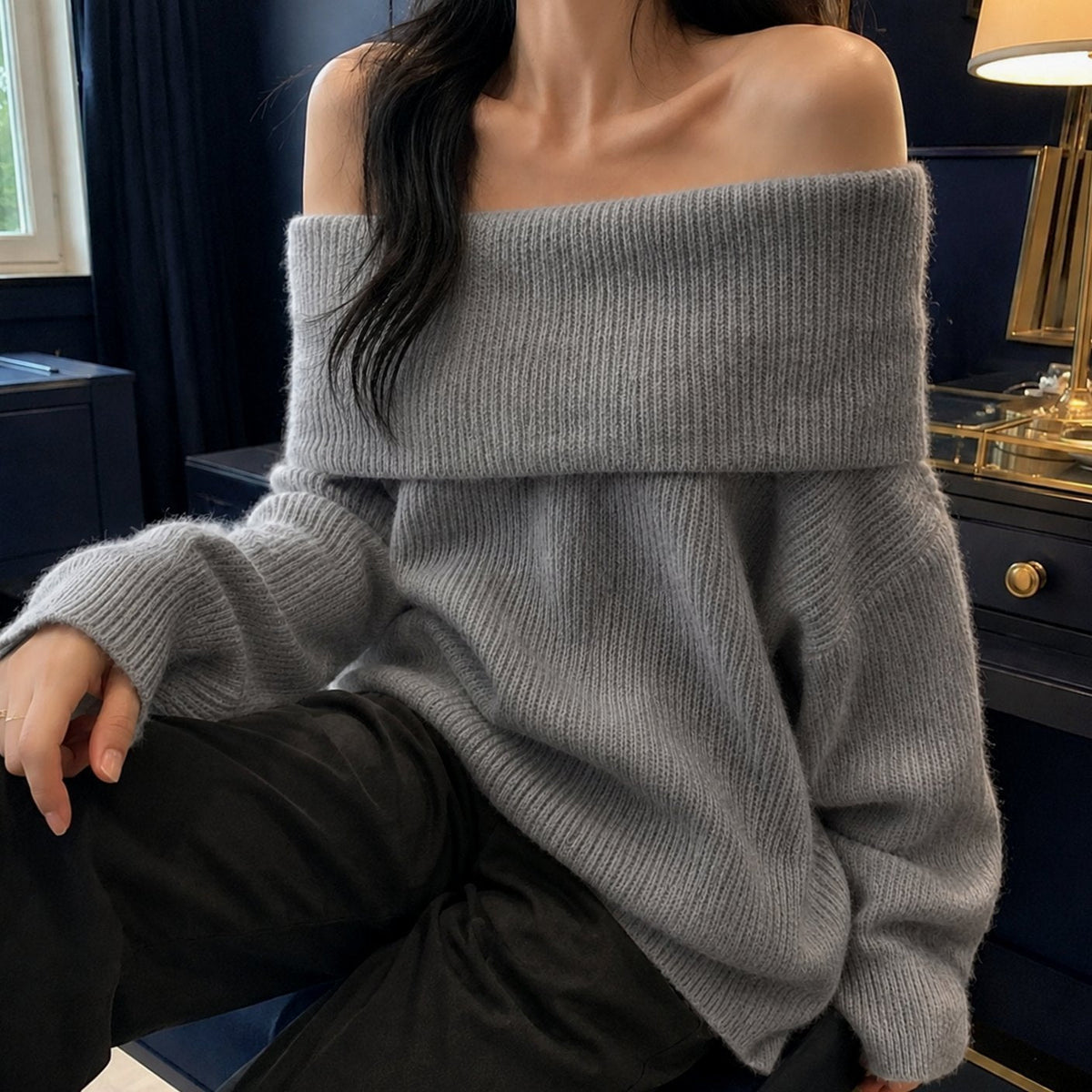 Women's Knitwear Off-Shoulder Foldover Oversized Pullover Jumper