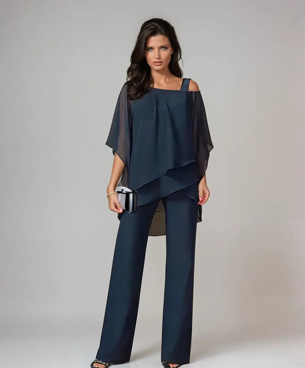 Women's Layered Chiffon Cold-Shoulder Wide-Leg Trouser Set
