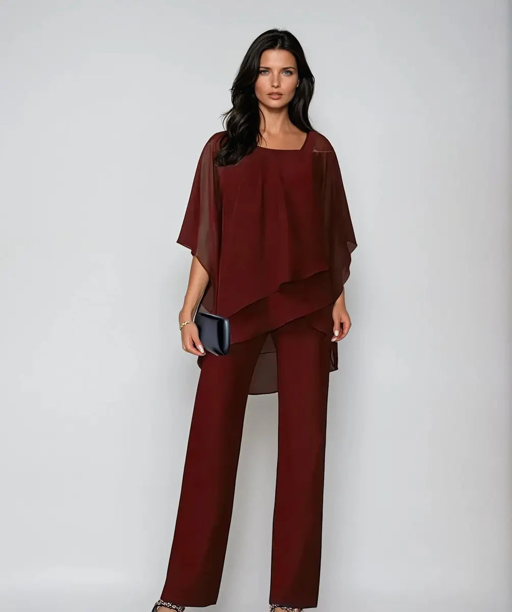 Women's Layered Chiffon Cold-Shoulder Wide-Leg Trouser Set