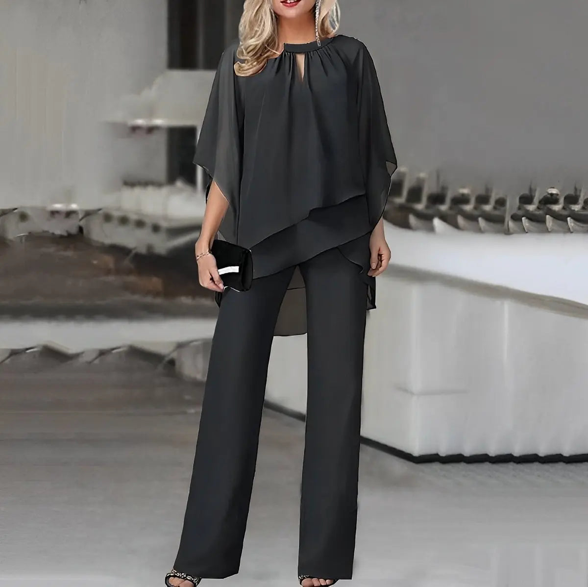 Women's Layered Chiffon Wide Leg Pants Two-Piece Set