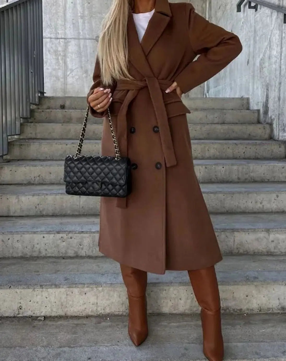 Women's Long Lapel Button Front Coat Classic Double-Breasted Overcoat