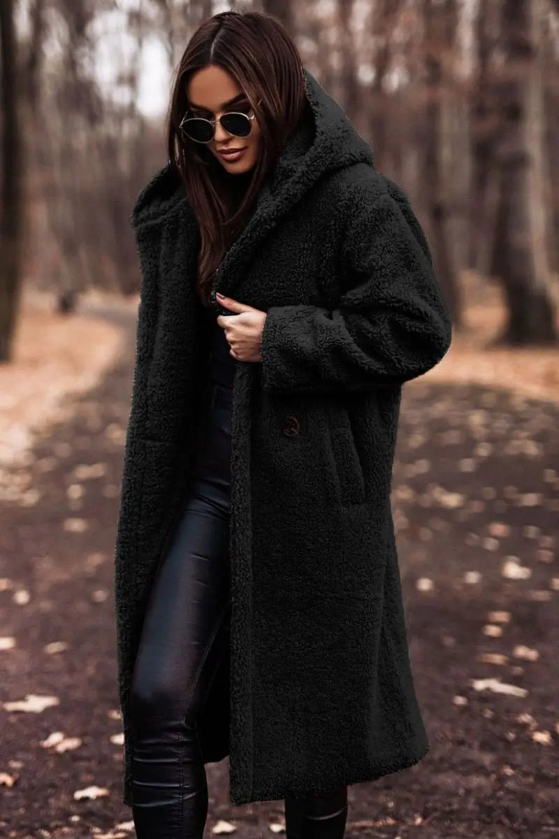 Women's Long Relaxed-Fit Fleece Teddy Coat Puffer Jacket
