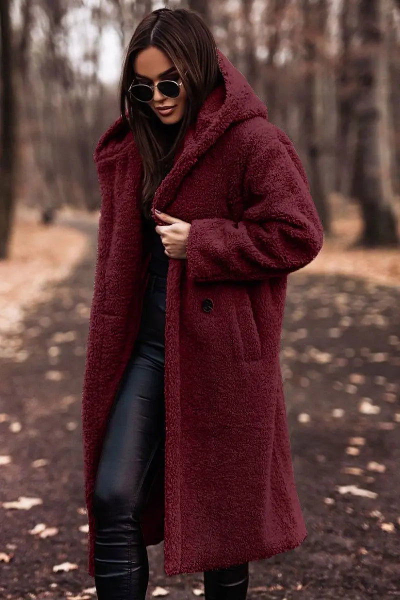 Women's Long Relaxed-Fit Fleece Teddy Coat Puffer Jacket