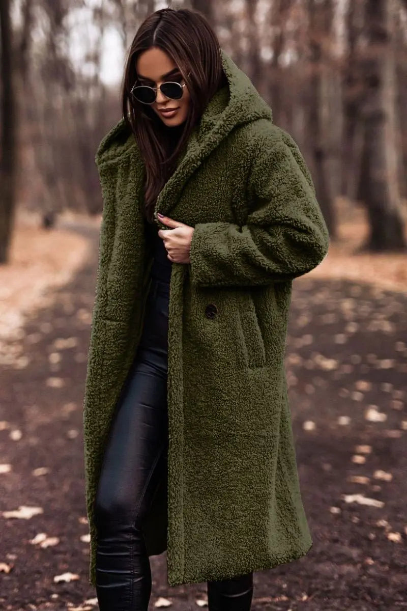 Women's Long Relaxed-Fit Fleece Teddy Coat Puffer Jacket