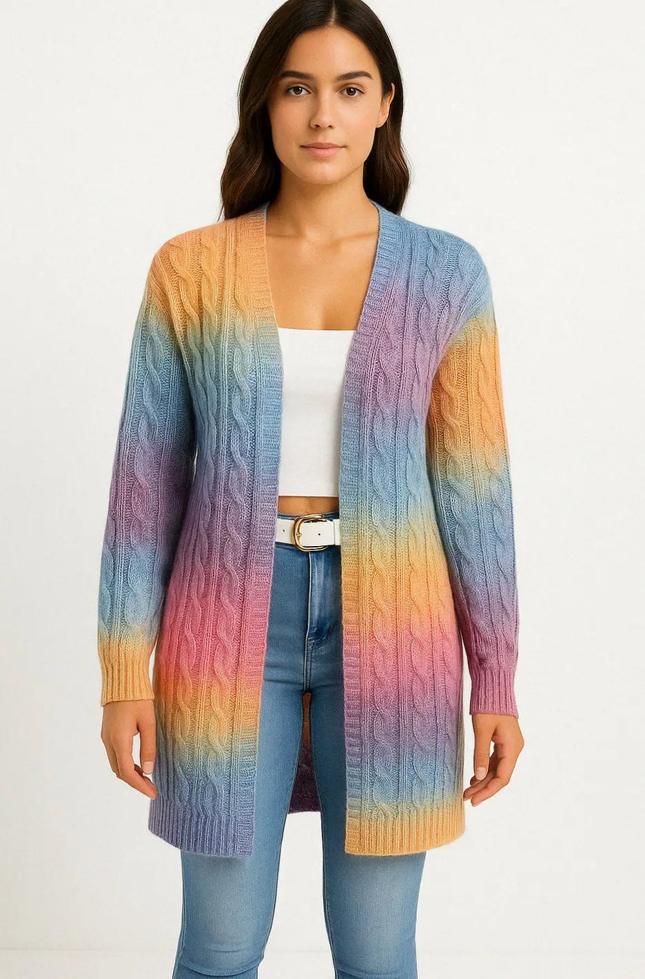 Women's Longline Cable Knit Cardigan Open Front Oversized Sweater