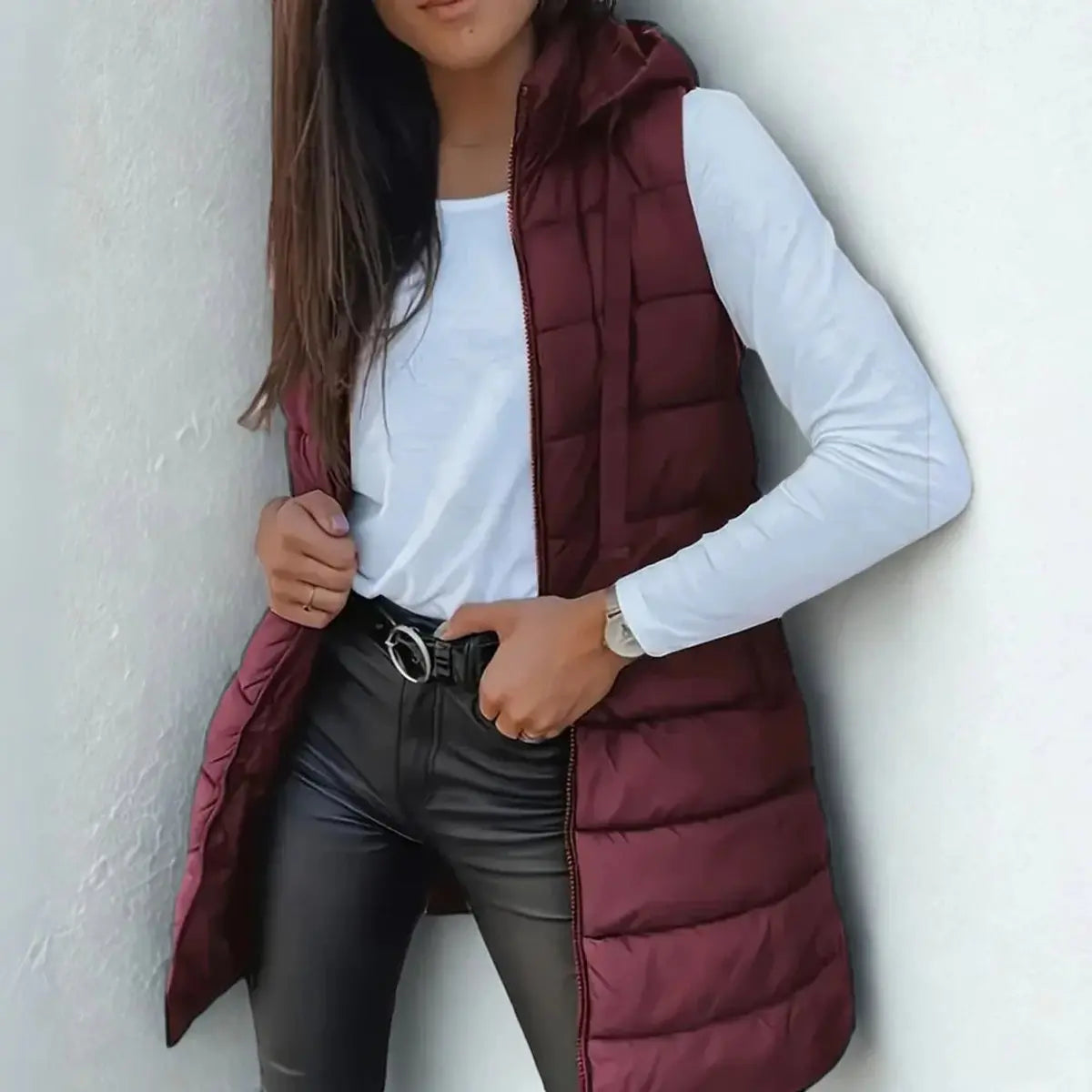 Women's Longline Hooded Sleeveless Puffer Vest