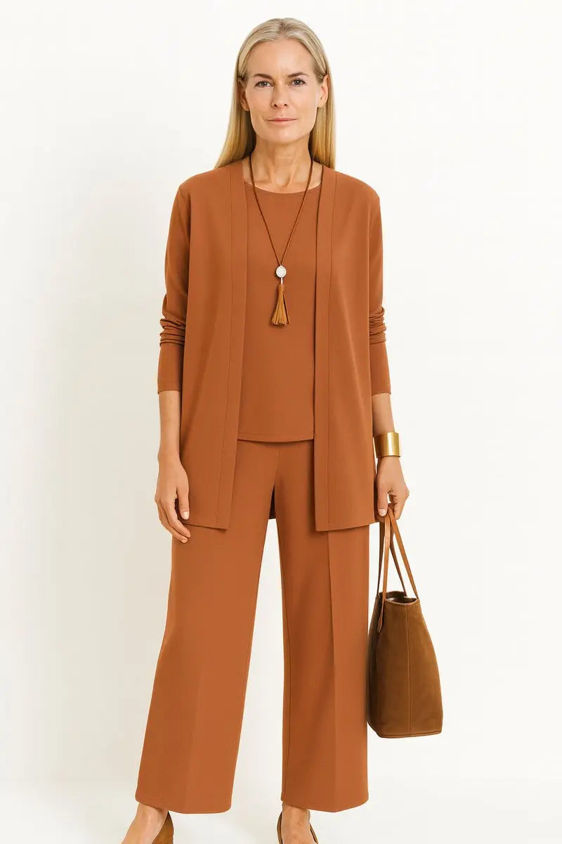 Women's Longline Open-Front Cardigan Wide-Leg Trouser 3-Piece Set