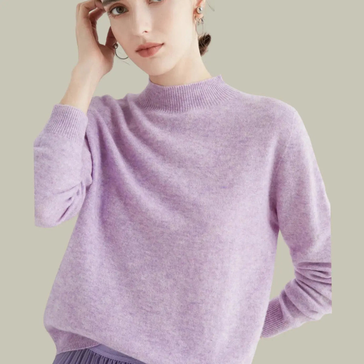 Women's Merino Wool Sweaters Mock-Neck Long-Sleeve Knit Jumper
