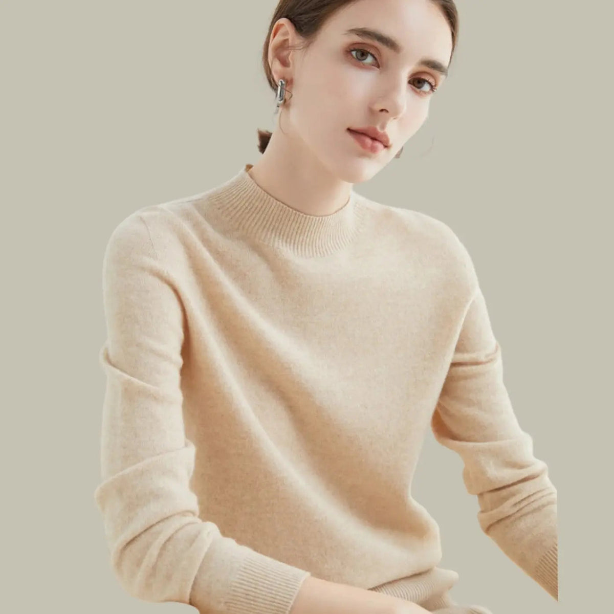Women's Merino Wool Sweaters Mock-Neck Long-Sleeve Knit Jumper