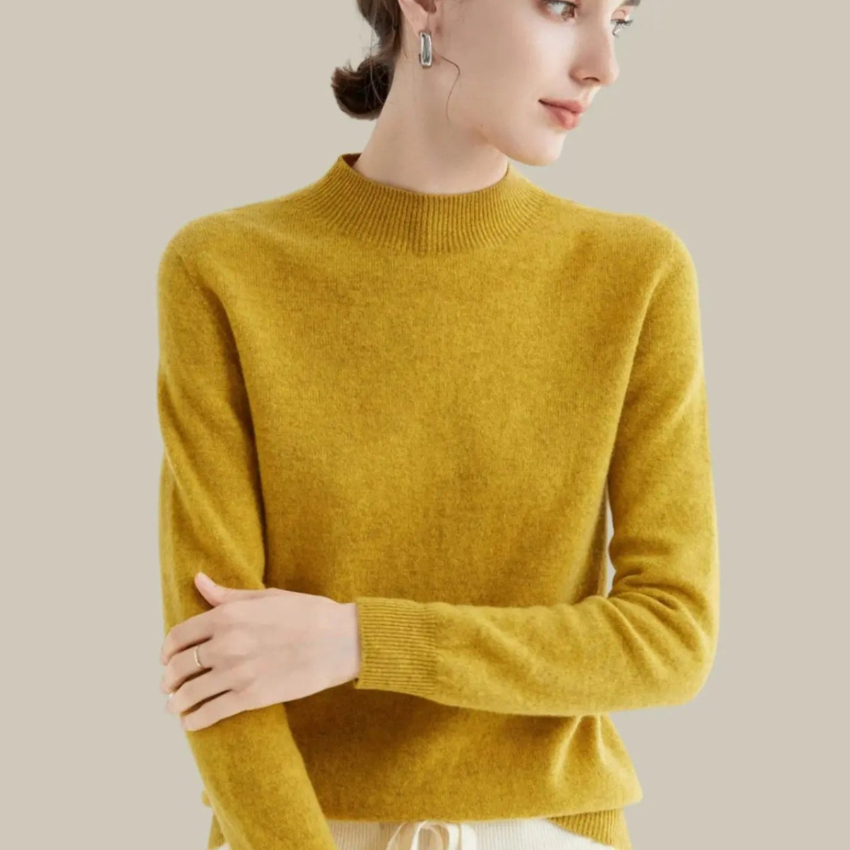 Women's Merino Wool Sweaters Mock-Neck Long-Sleeve Knit Jumper