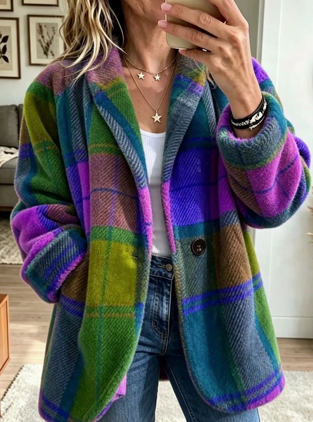 Women's Multicolour Checked Fleece Button-Up Coat