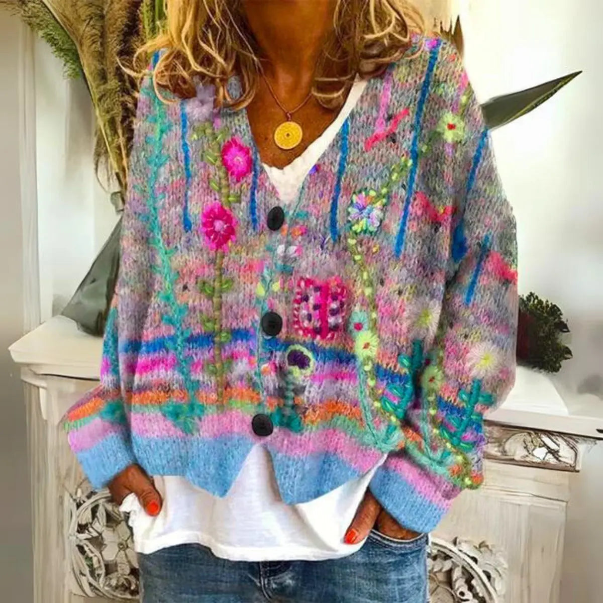 Women's Multicolour Floral Embroidered Button-Up Knit Sweater Cardigan