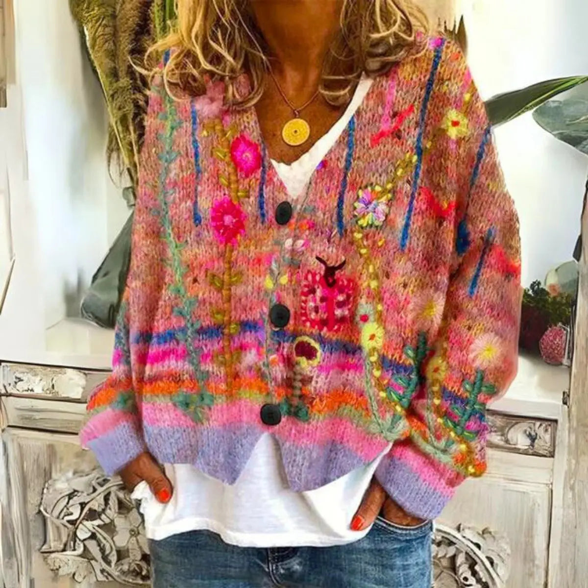 Women's Multicolour Floral Embroidered Button-Up Knit Sweater Cardigan