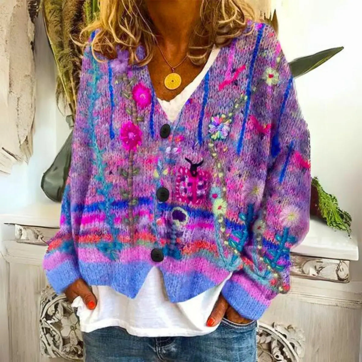 Women's Multicolour Floral Embroidered Button-Up Knit Sweater Cardigan