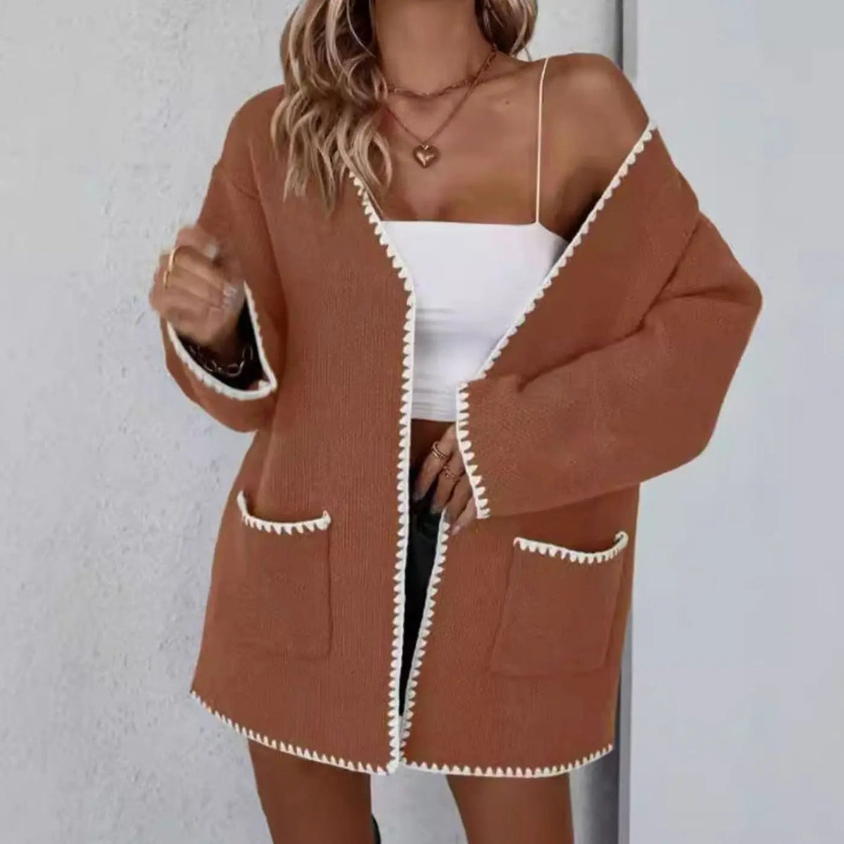 Women's Open Front Long Sleeve Knit Cardigan Contrast Trim Pockets
