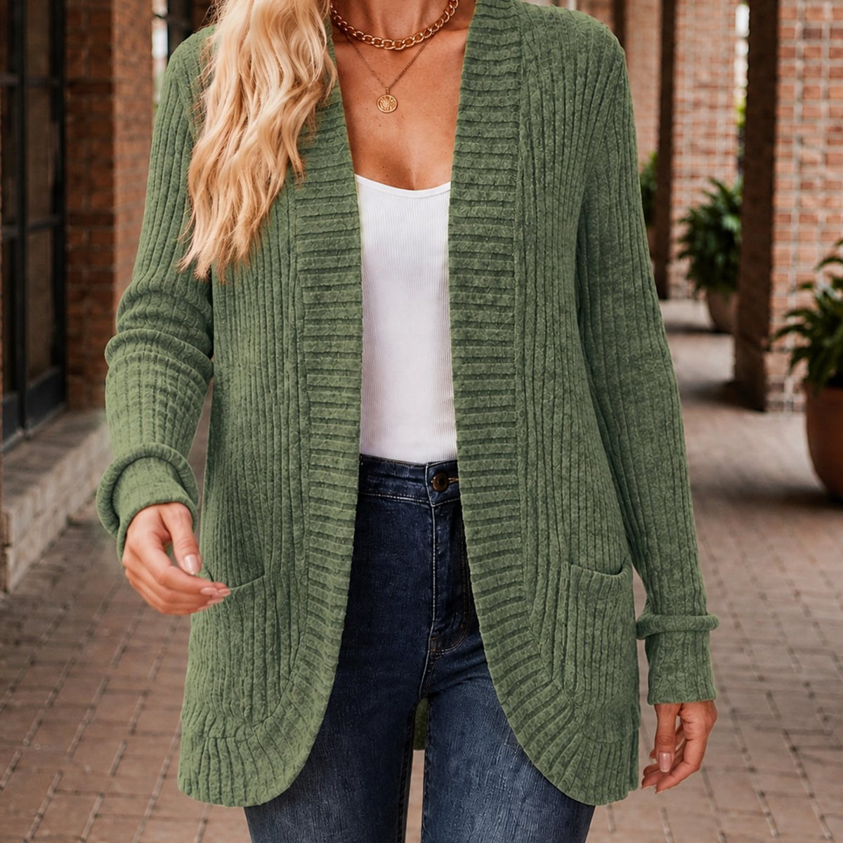Women's Open-Front Ribbed Knit Cardigan with Patch Pockets