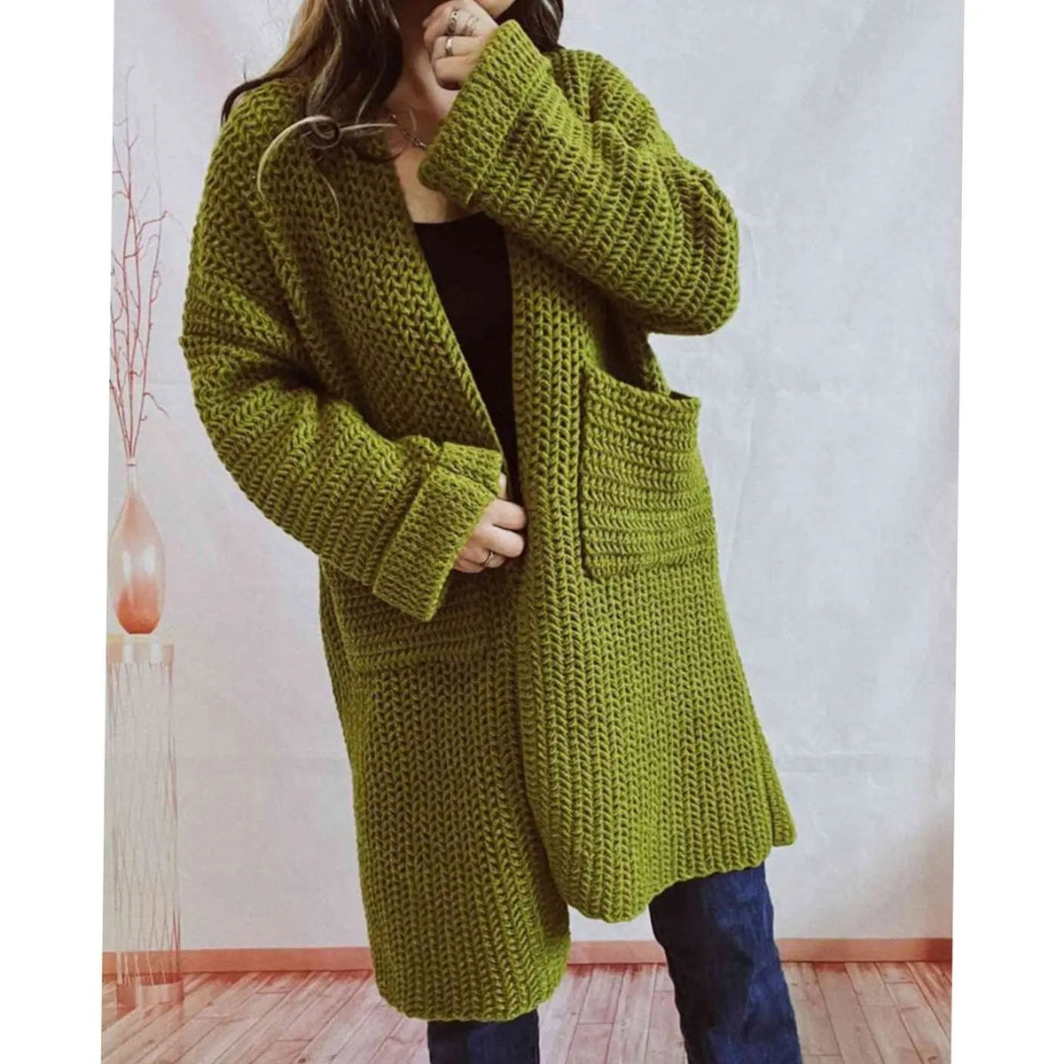 Women's Oversized Chunky Knit Cardigan Open Front Long Pockets