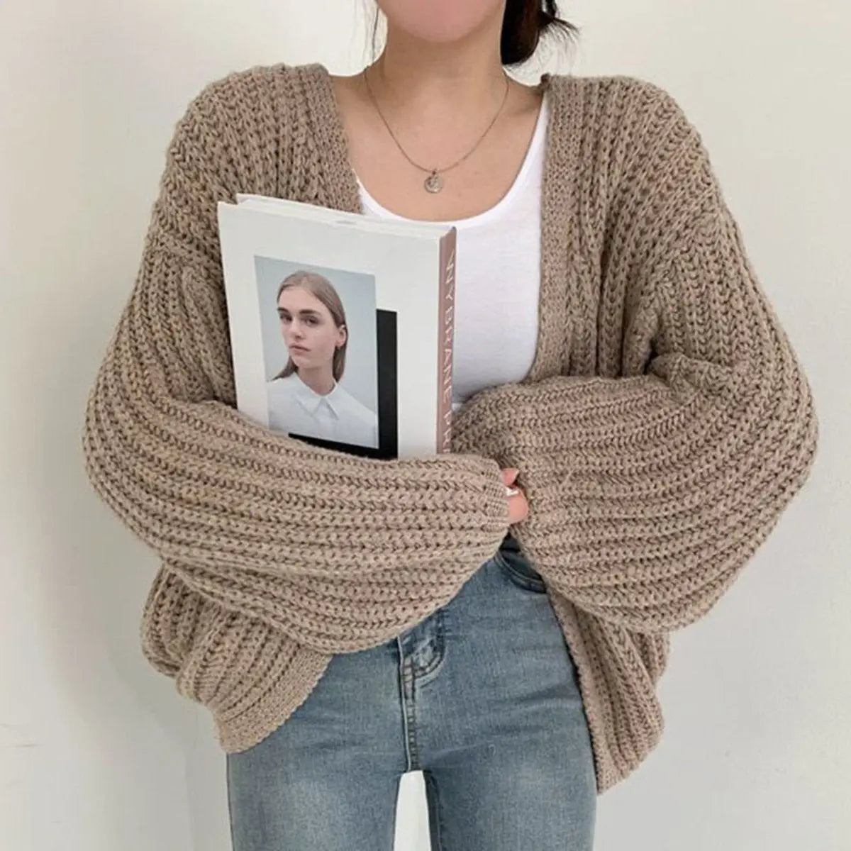 Women's Oversized Chunky Knit Open Front Cardigan Balloon Sleeves
