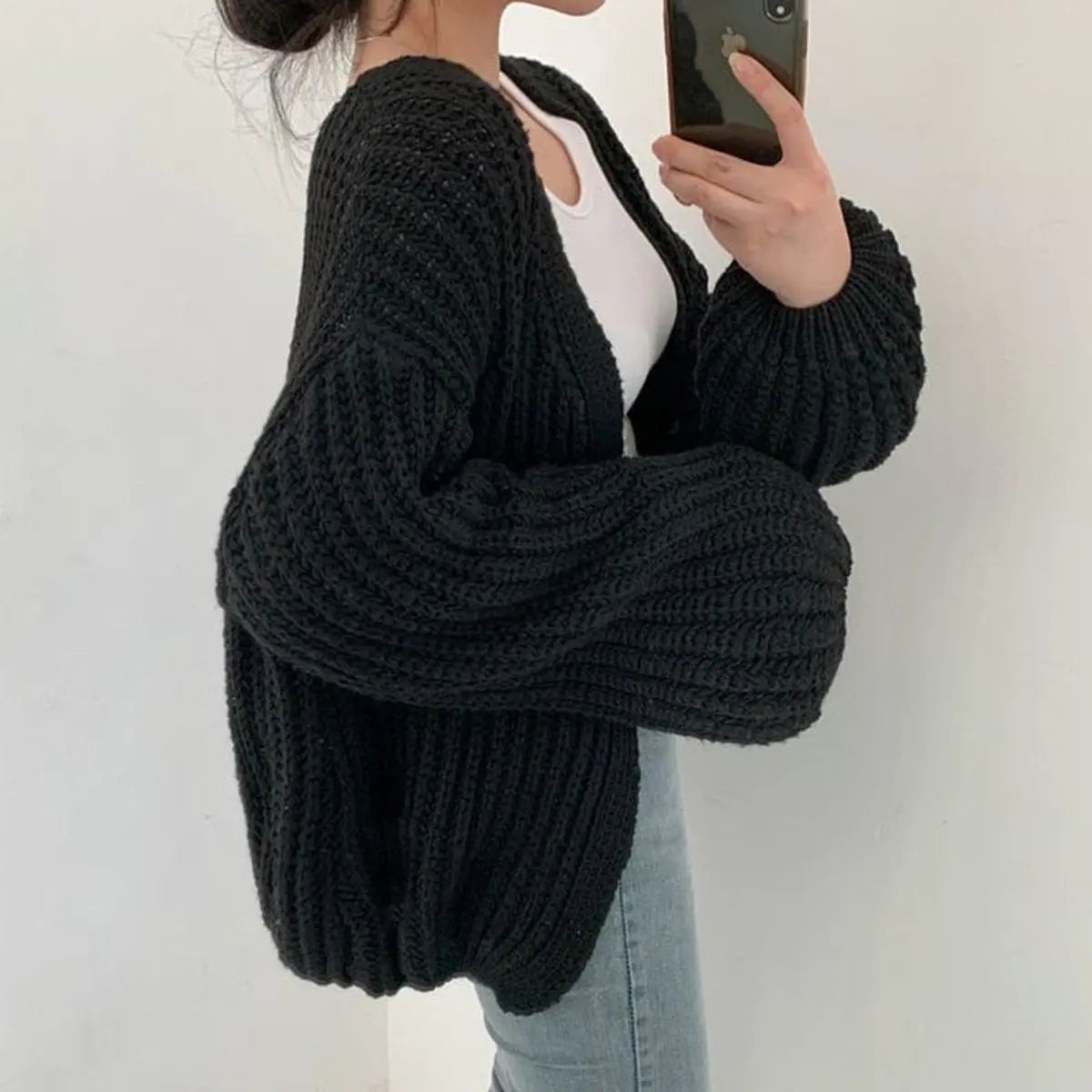 Women's Oversized Chunky Knit Open Front Cardigan Balloon Sleeves