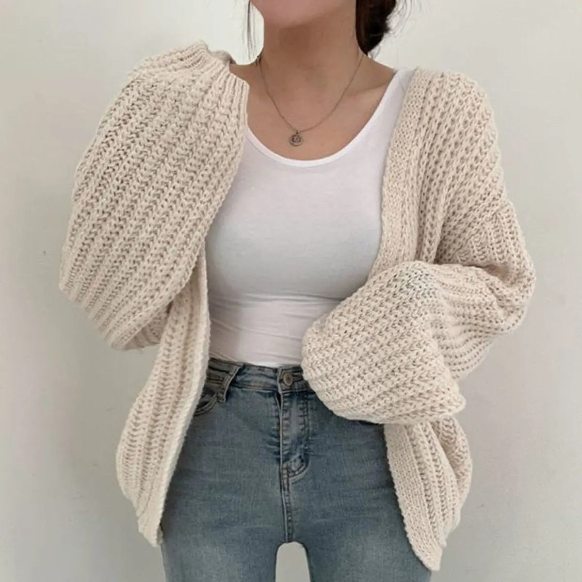 Women's Oversized Chunky Knit Open Front Cardigan Balloon Sleeves