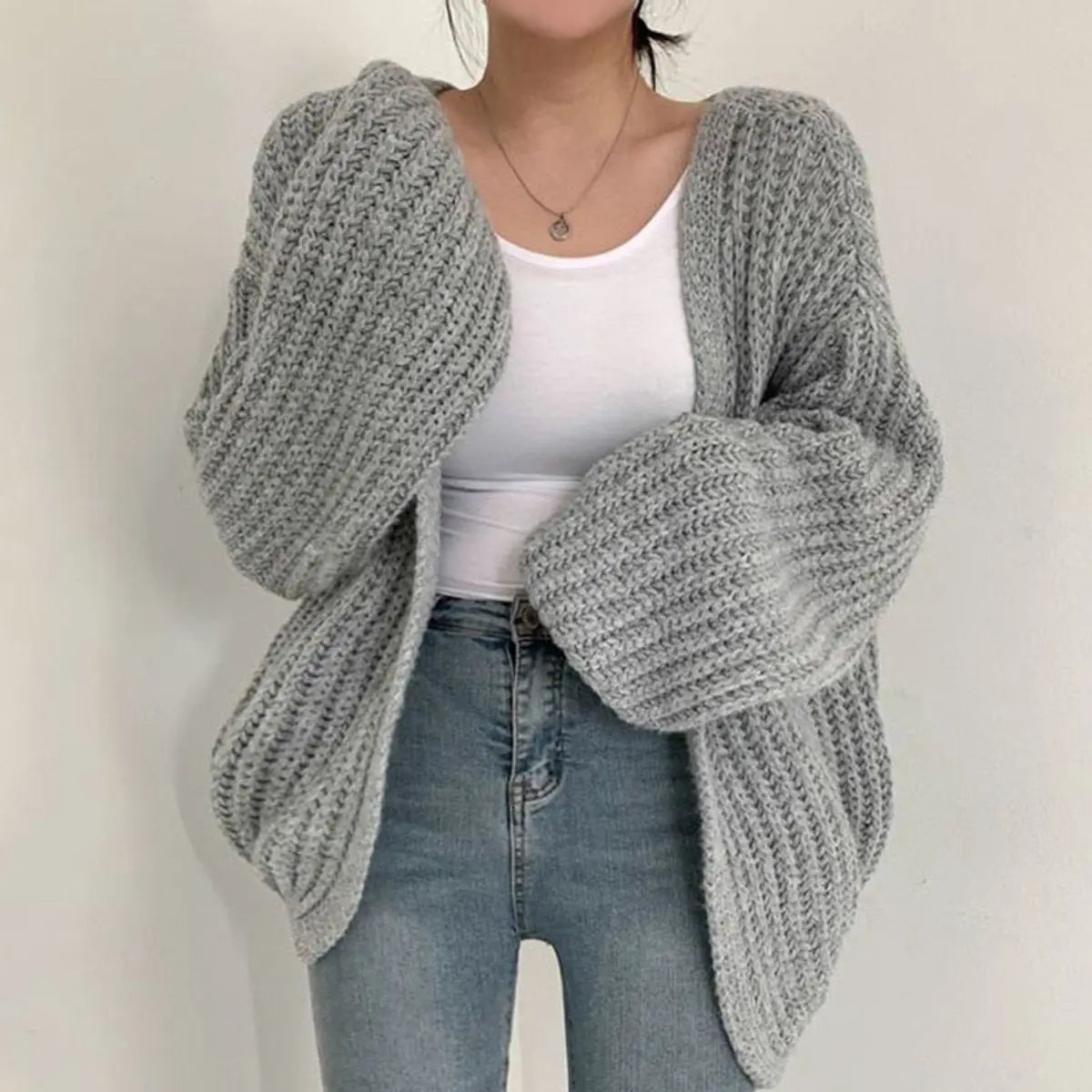 Women's Oversized Chunky Knit Open Front Cardigan Balloon Sleeves
