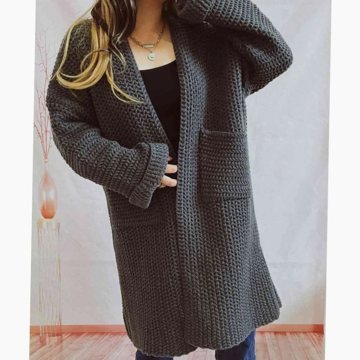 Women's Oversized Chunky Knit Open-Front Cardigan with Pockets
