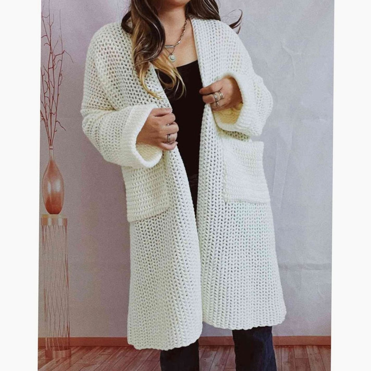 Women's Oversized Chunky Knit Open-Front Long Cardigan with Pockets