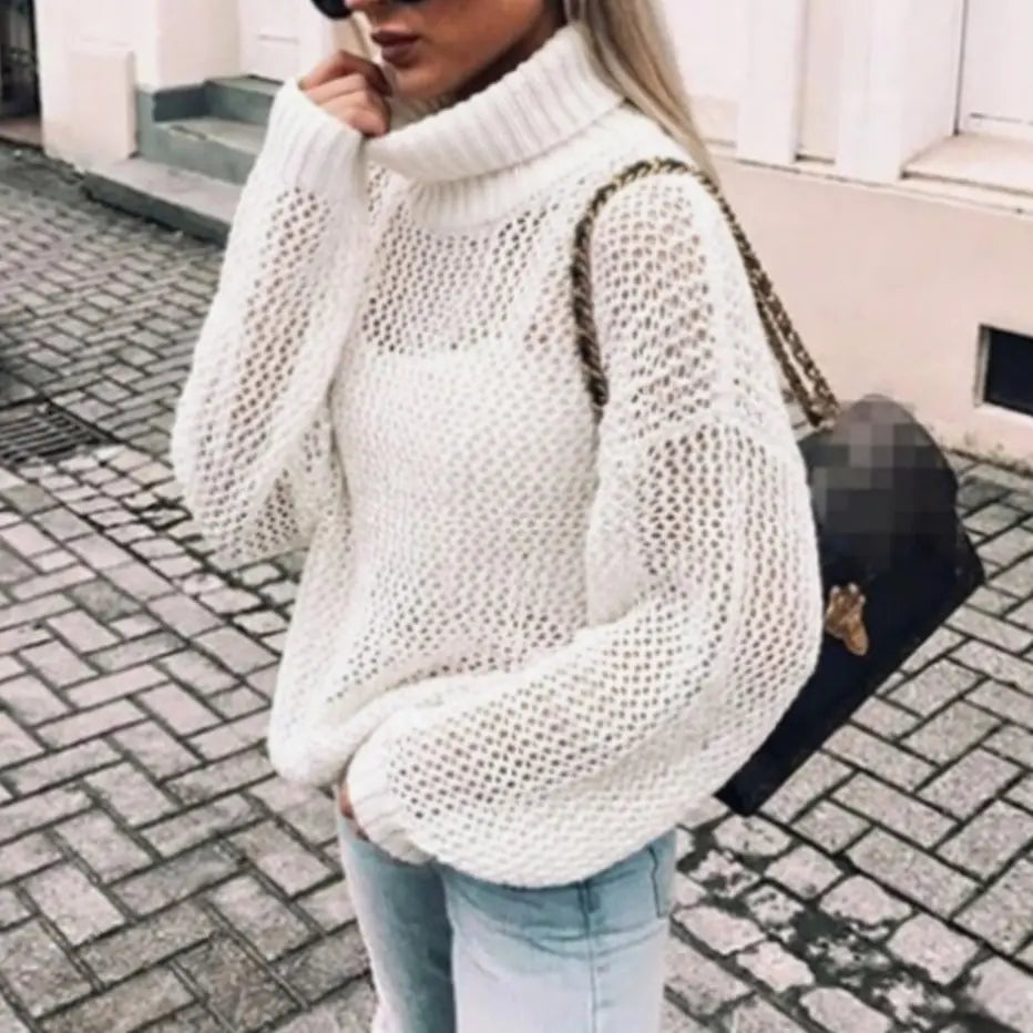 Women's Oversized Chunky Knit Turtleneck Jumper Balloon Sleeve