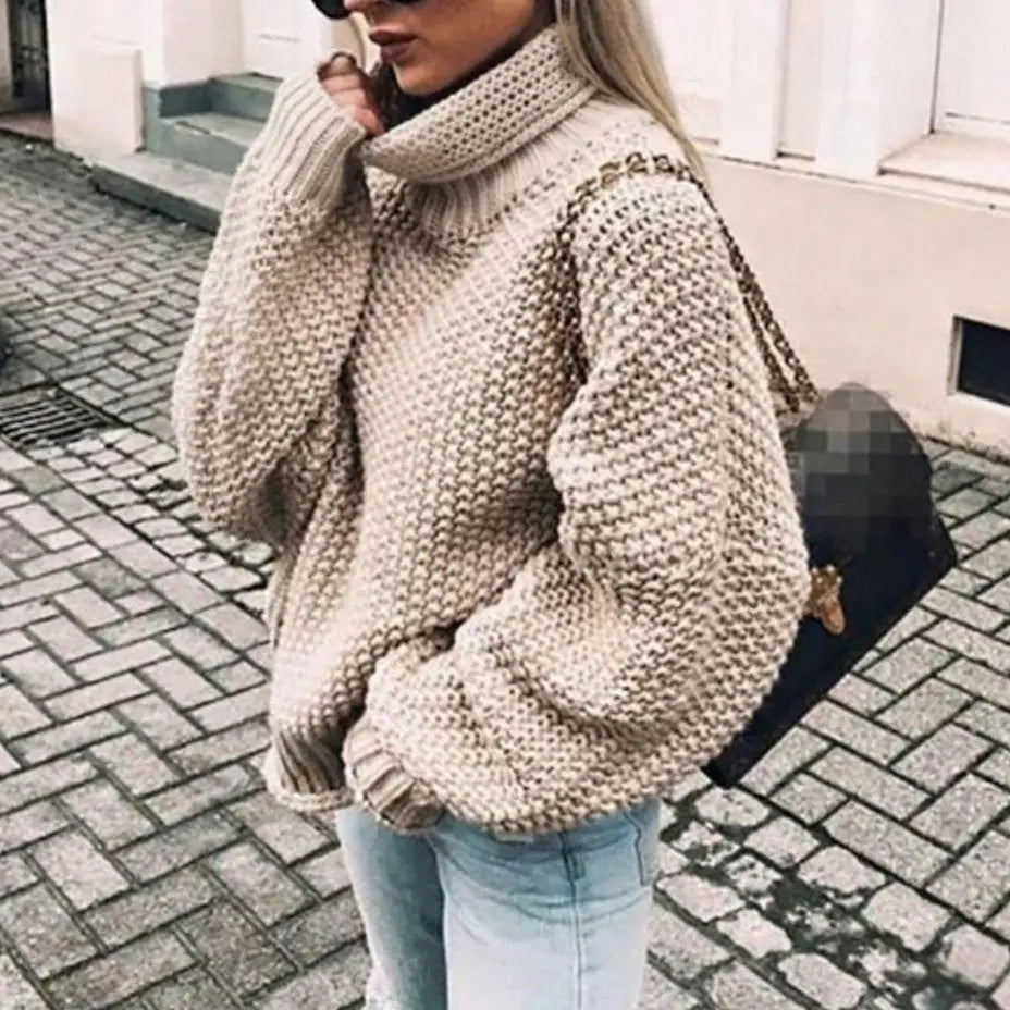 Women's Oversized Chunky Knit Turtleneck Jumper Balloon Sleeve