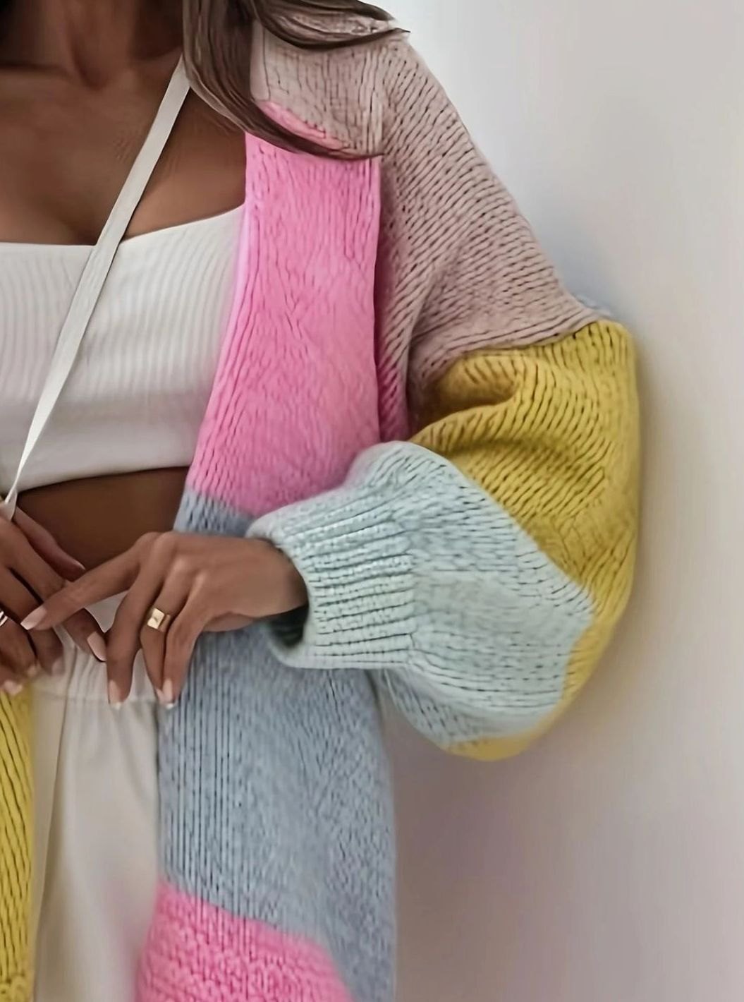 Women's Oversized Colour Block Knit Button-Front Cardigan, Pink