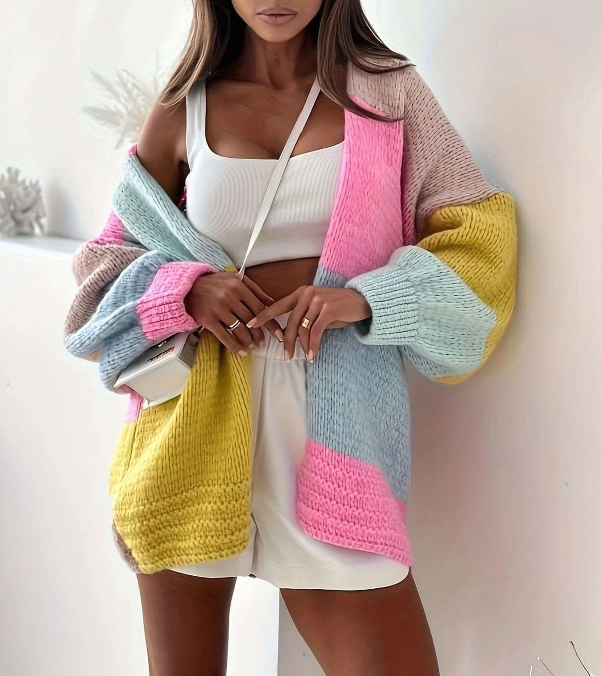 Women's Oversized Colour Block Knit Button-Front Cardigan, Pink