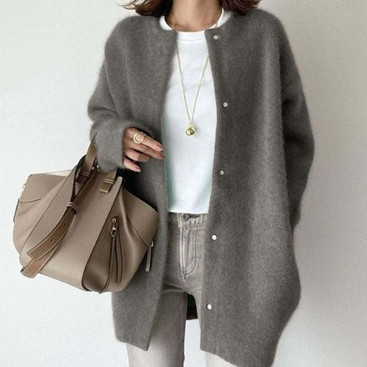 Women's Oversized Fuzzy Knit Snap-Button Longline Cardigan