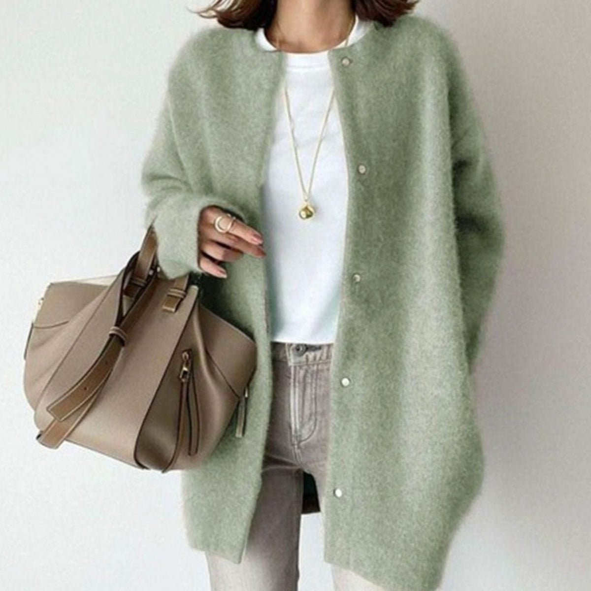 Women's Oversized Fuzzy Knit Snap-Button Longline Cardigan