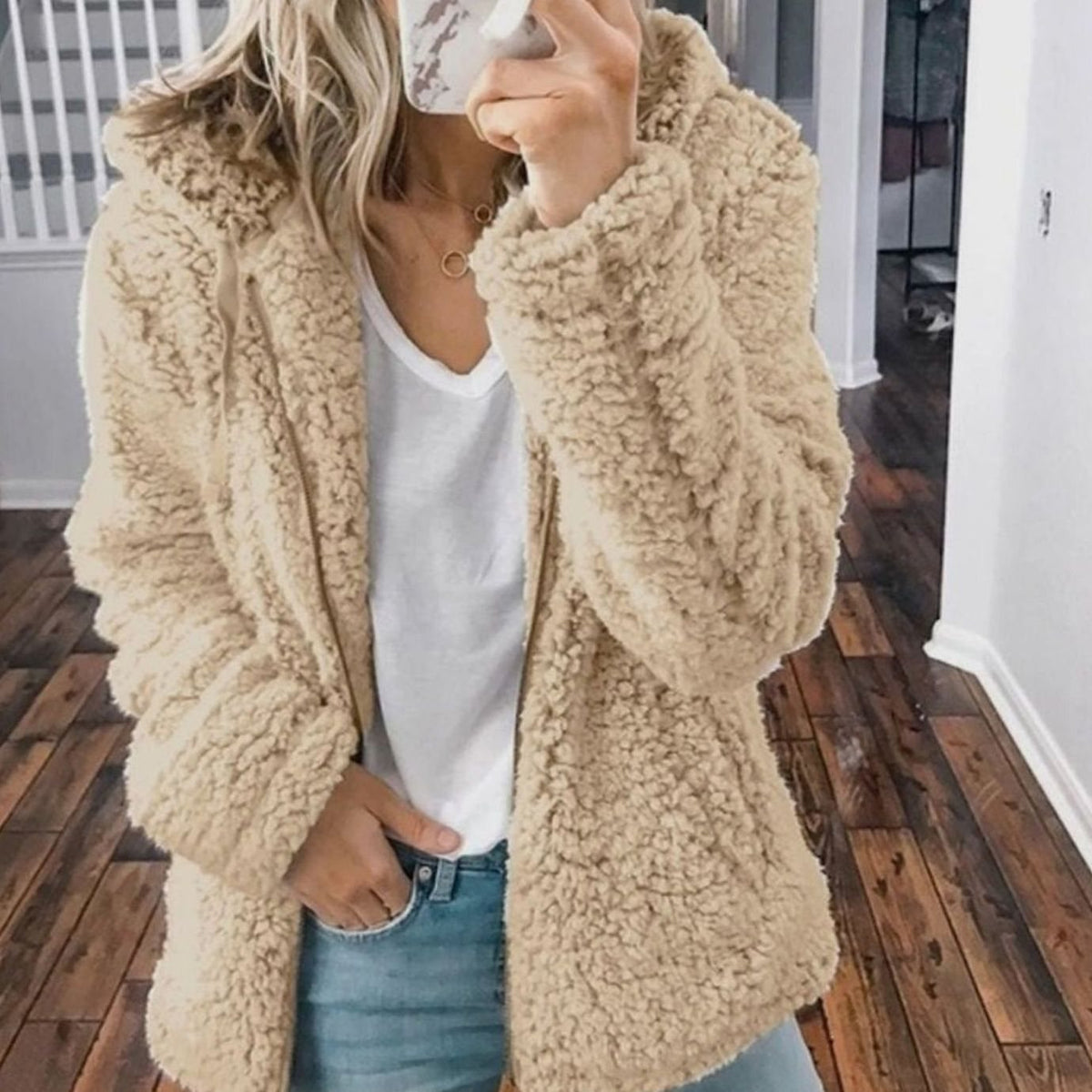 Women's Oversized Hooded Teddy Fleece Coat, Beige