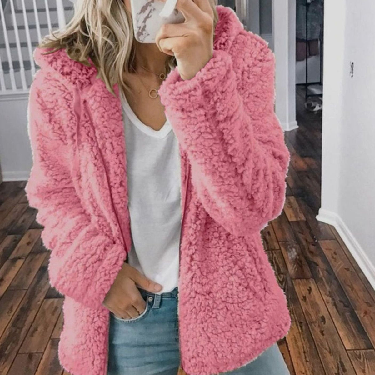 Women's Oversized Hooded Teddy Fleece Coat, Beige
