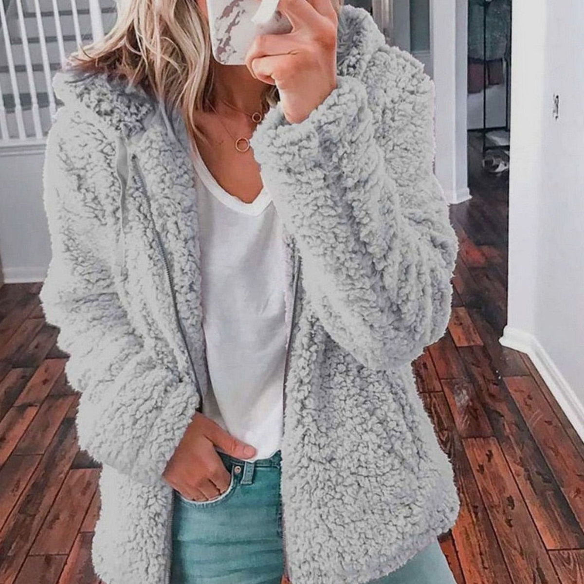 Women's Oversized Hooded Teddy Fleece Coat, Beige