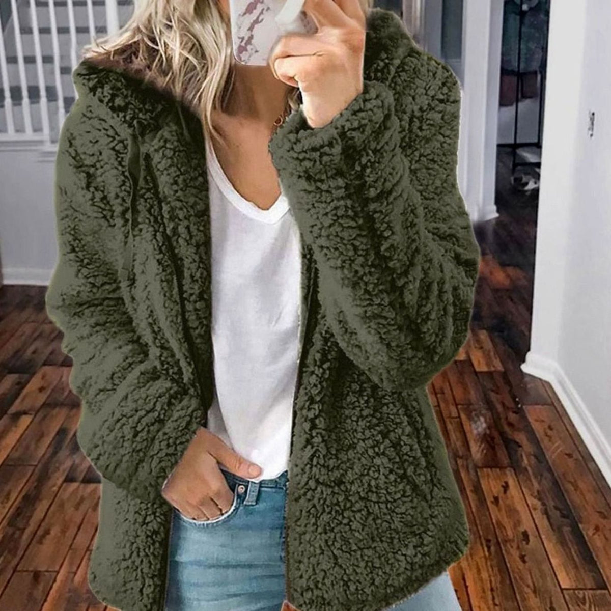 Women's Oversized Hooded Teddy Fleece Coat, Beige