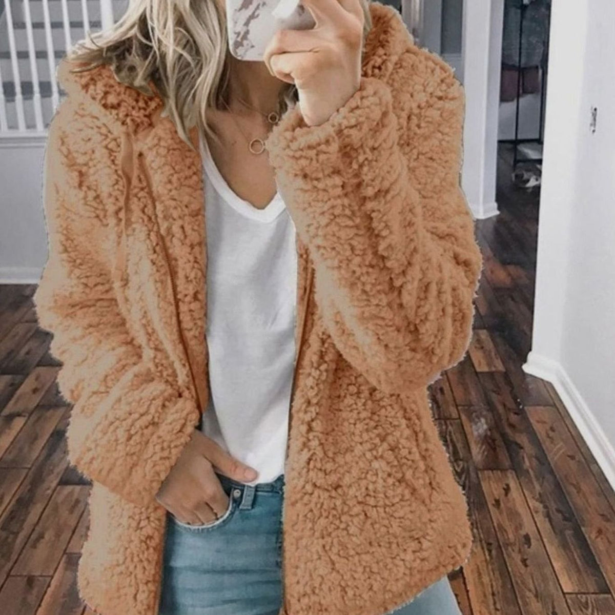 Women's Oversized Hooded Teddy Fleece Coat, Beige