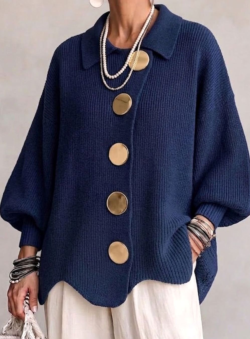 Women's Oversized Knit Cardigan Gold Button Lantern Sleeve Jumper