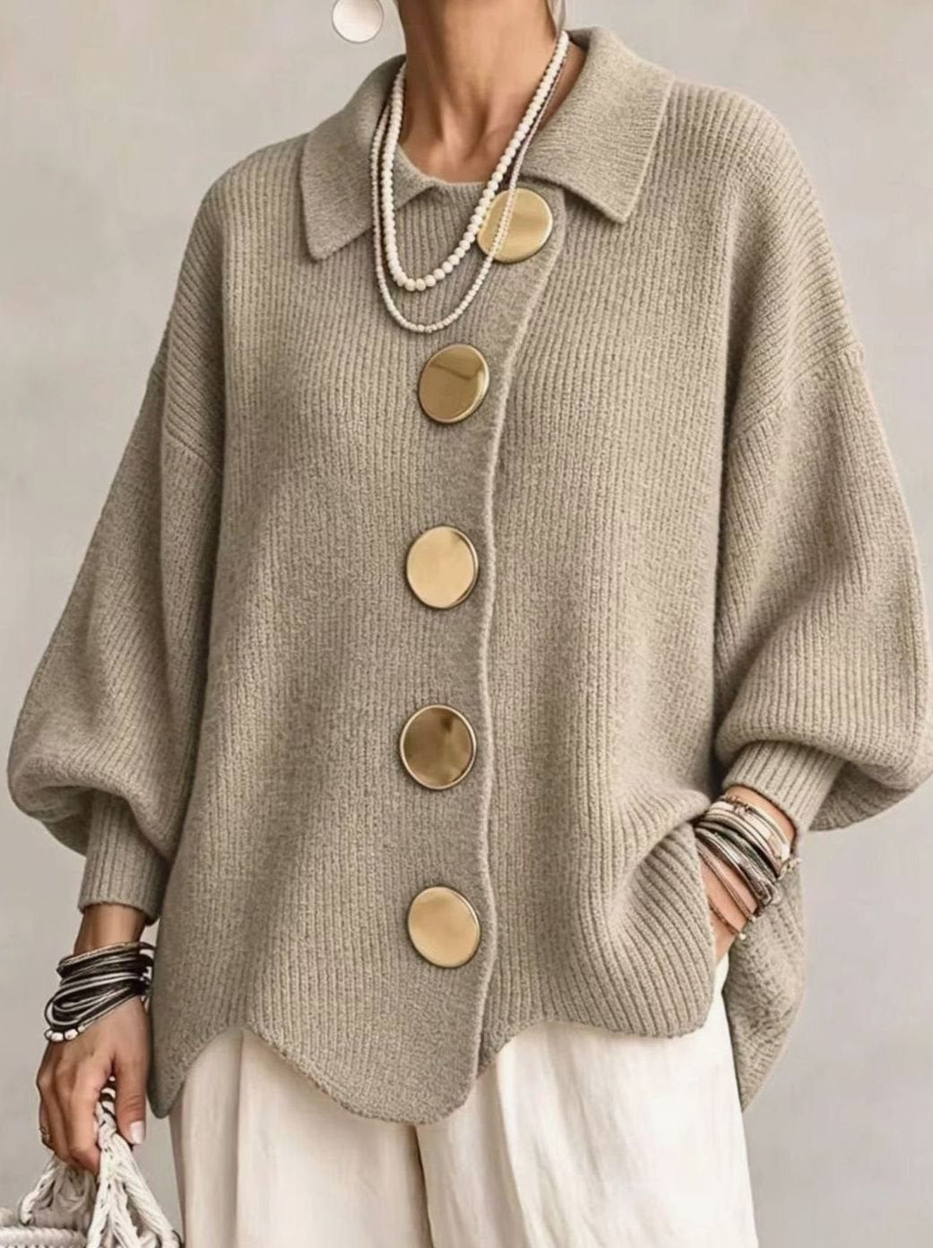 Women's Oversized Knit Cardigan Gold Button Lantern Sleeve Jumper