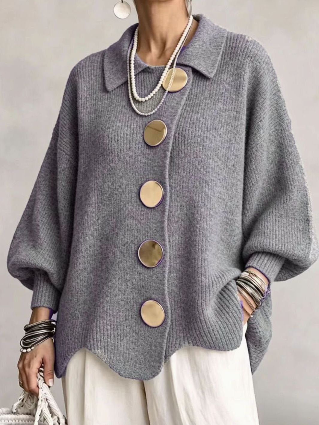 Women's Oversized Knit Cardigan Gold Button Lantern Sleeve Jumper