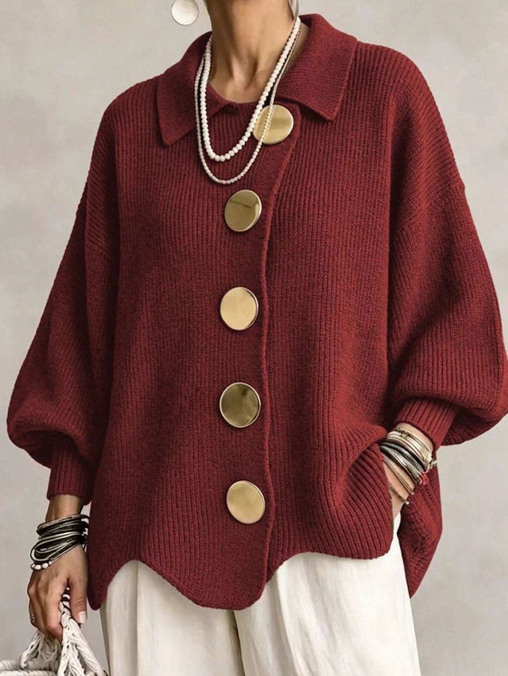 Women's Oversized Knit Cardigan Gold Button Lantern Sleeve Jumper
