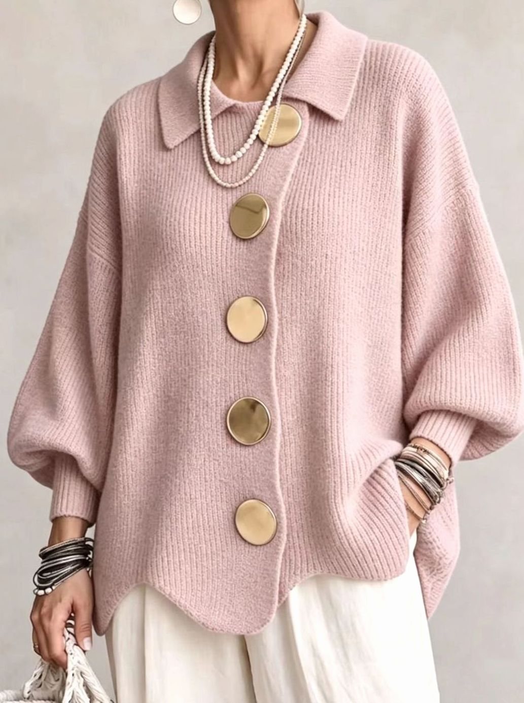 Women's Oversized Knit Cardigan Gold Button Lantern Sleeve Jumper