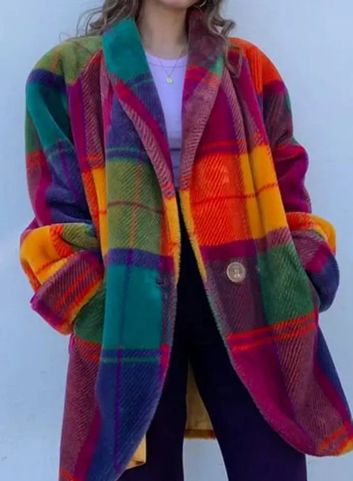 Women's Oversized Long Multicolour Plaid Coat