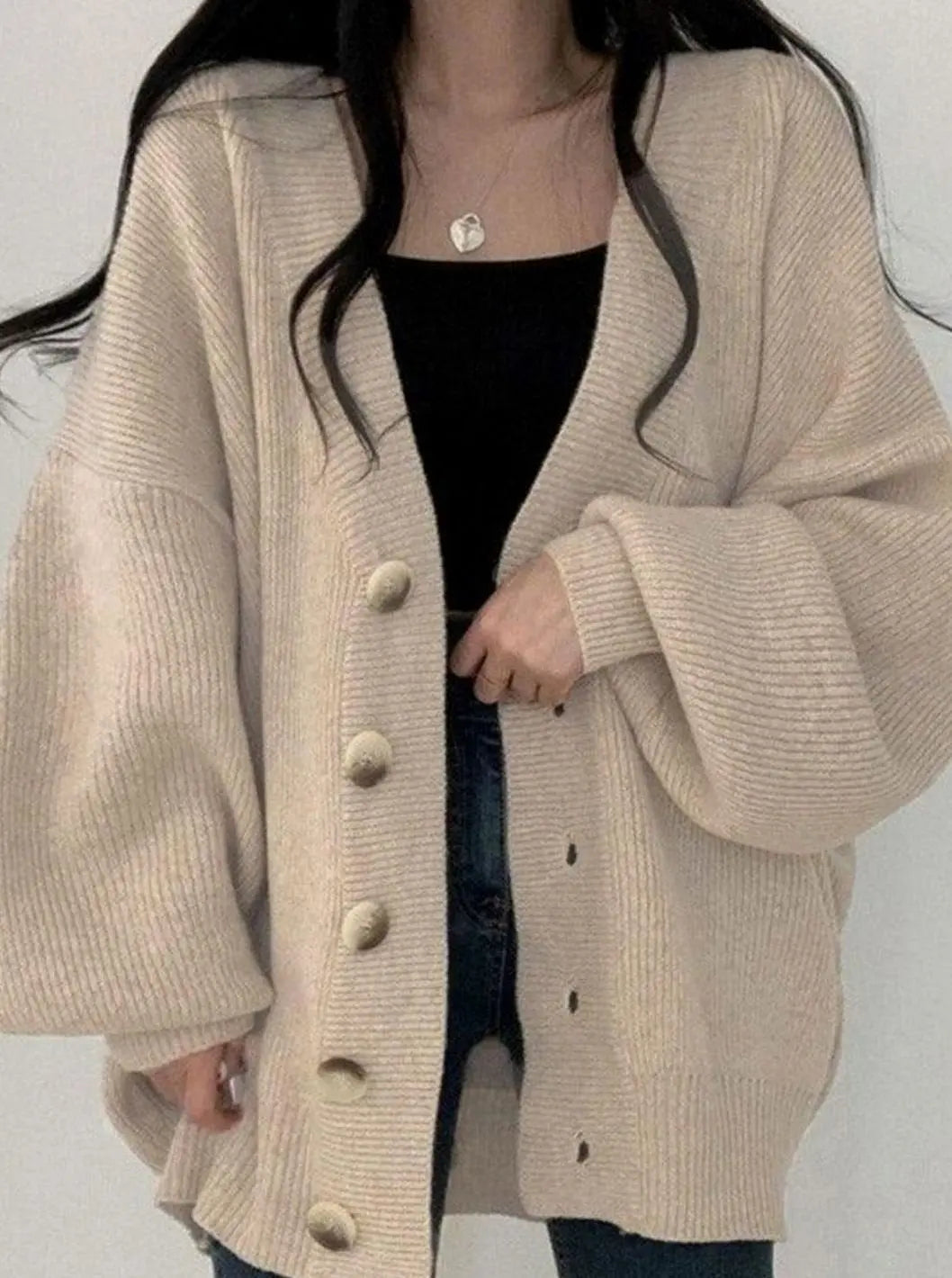 Women's Oversized Ribbed Knit Cardigan Balloon-Sleeve Button-Down Winter Jumper