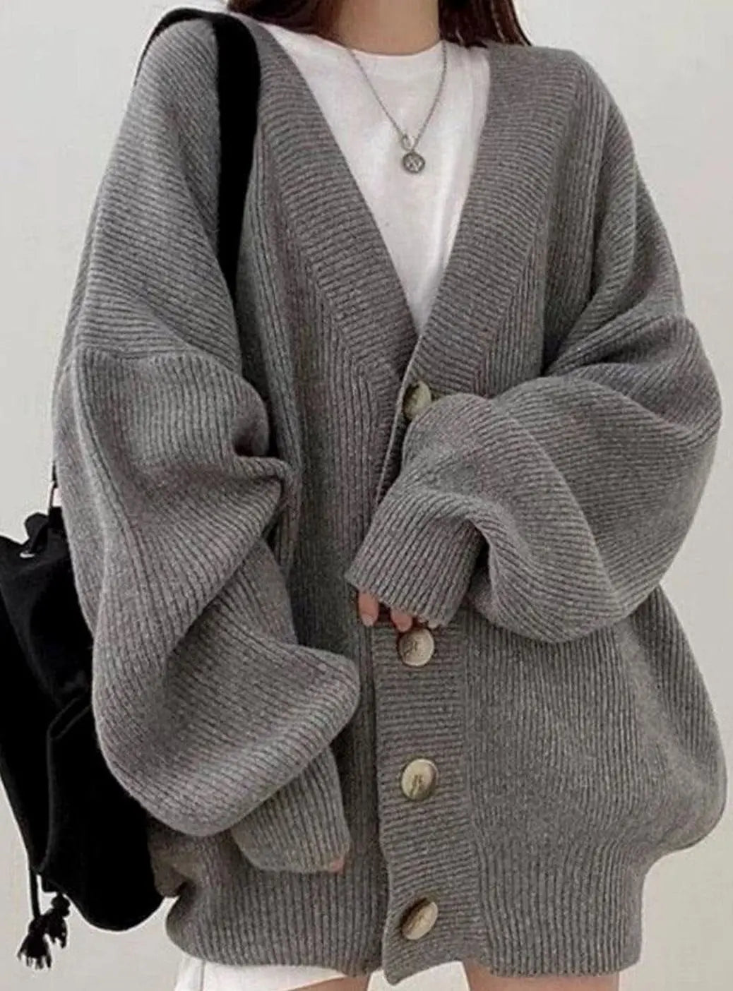 Women's Oversized Ribbed Knit Cardigan Balloon-Sleeve Button-Down Winter Jumper