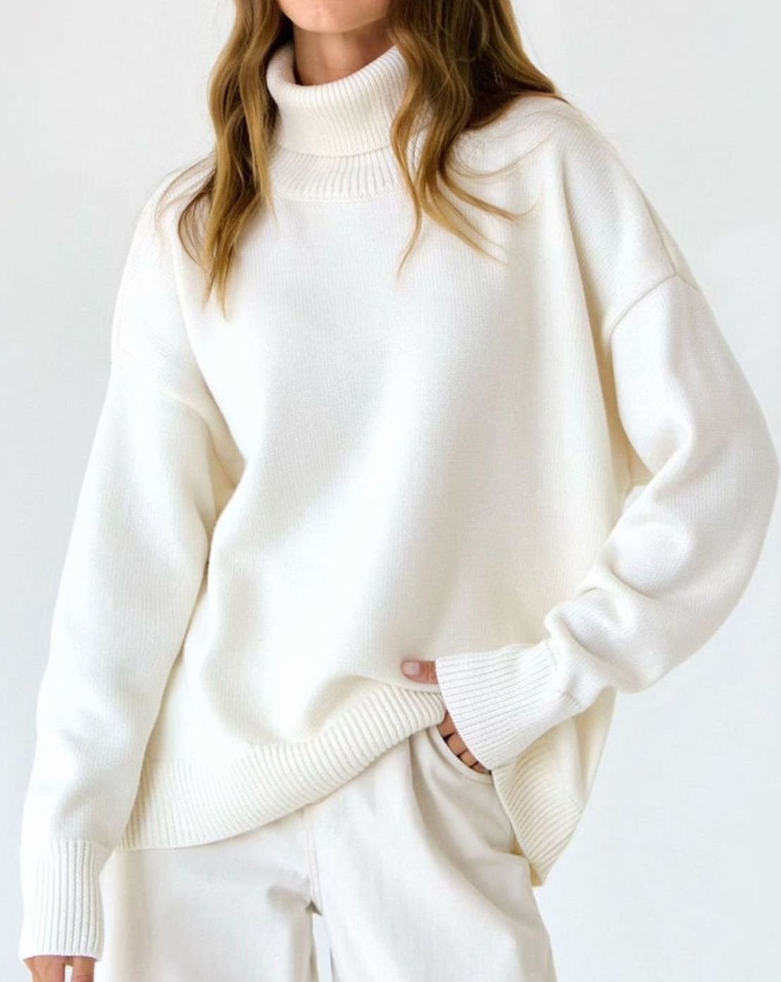 Women's Oversized Roll Neck Jumper Drop Shoulder Knit Pullover