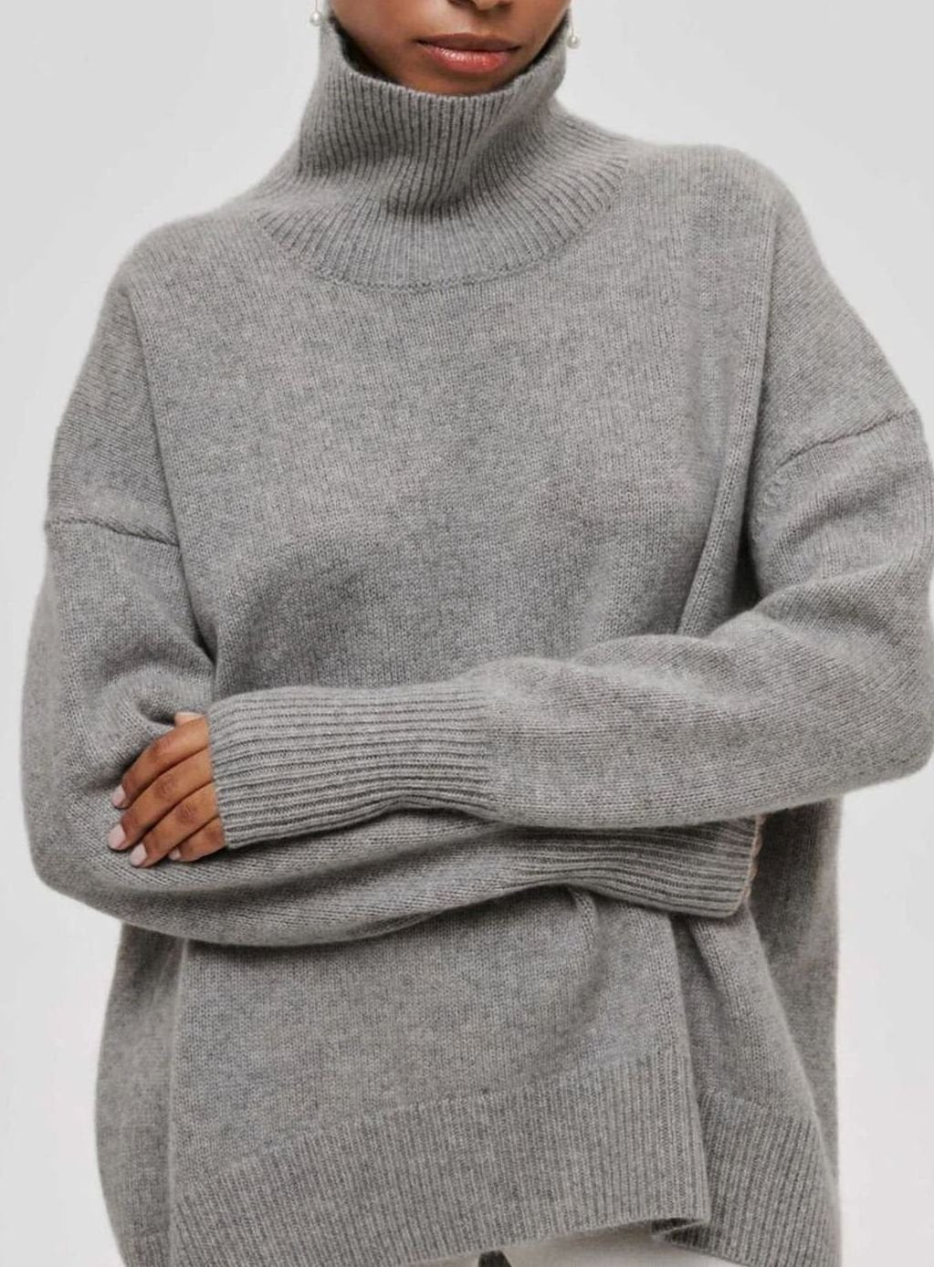 Women's Oversized Roll Neck Ribbed Knit Elbow-Slit Jumper