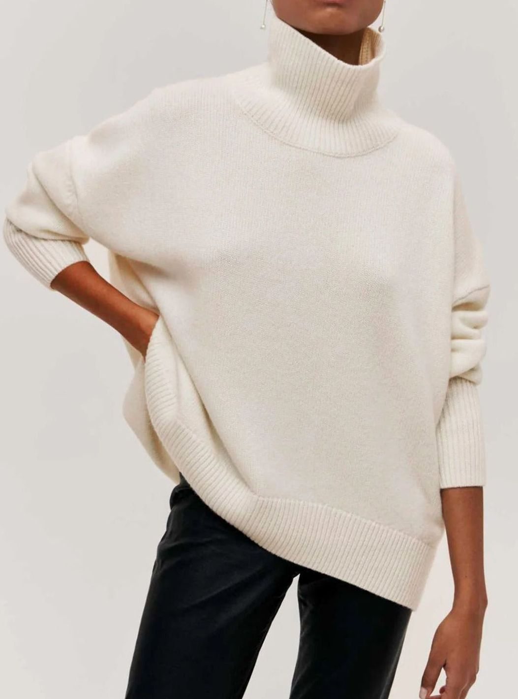 Women's Oversized Roll Neck Ribbed Knit Elbow-Slit Jumper
